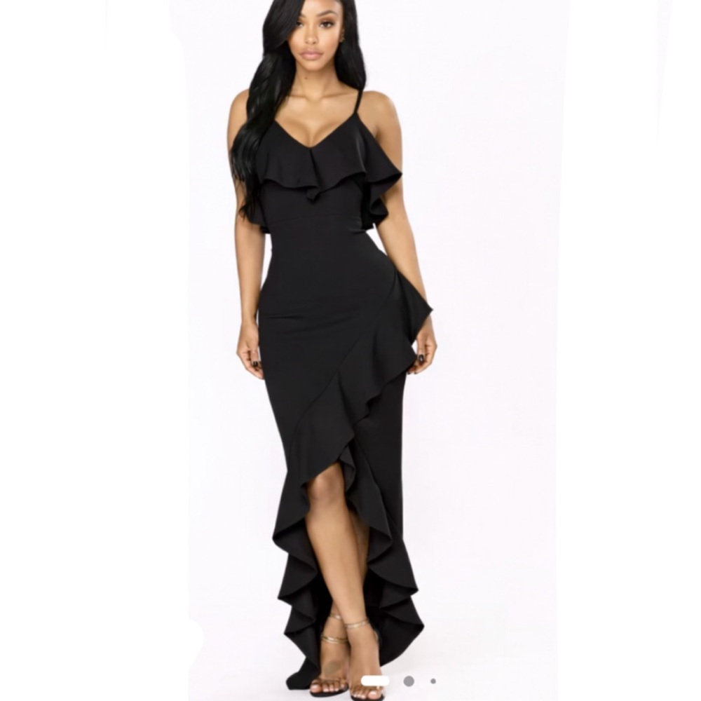 Fashion Nova Inevitable Ruffle Front slit Maxi Dress Black M NWT